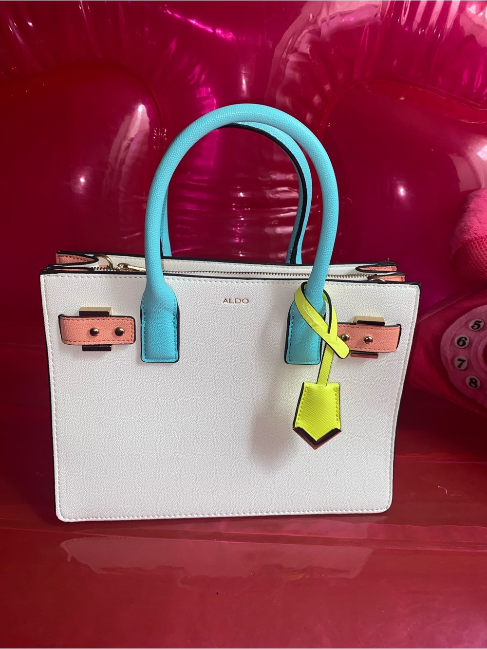 ALDO White Satchel with Turquoise Handles and Neon Yellow Tag